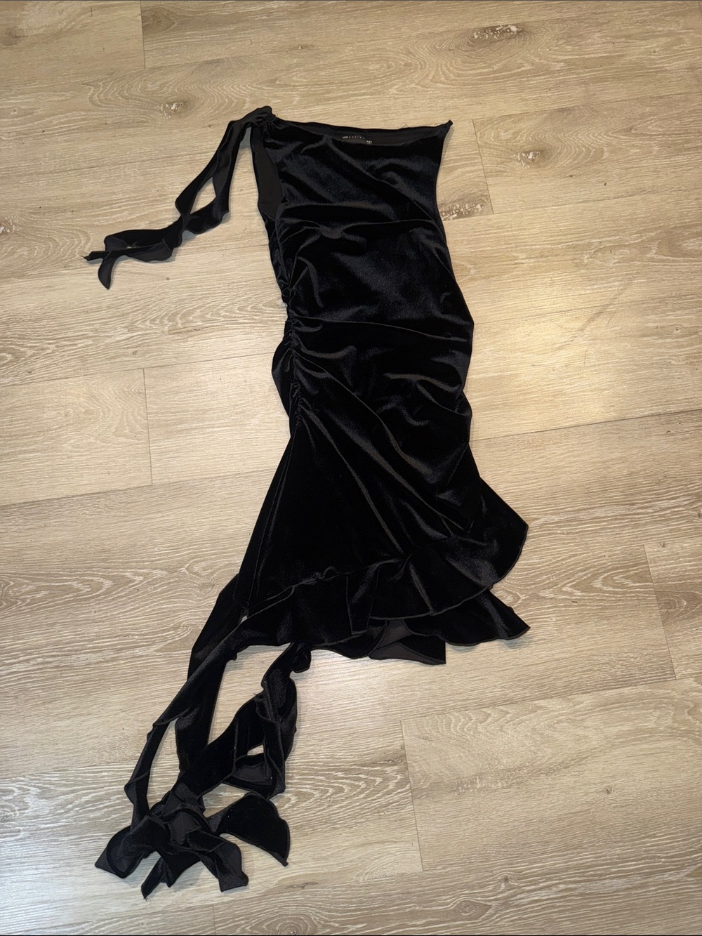ASOS Black One-Shoulder Ruffle Velvet Mini Dress